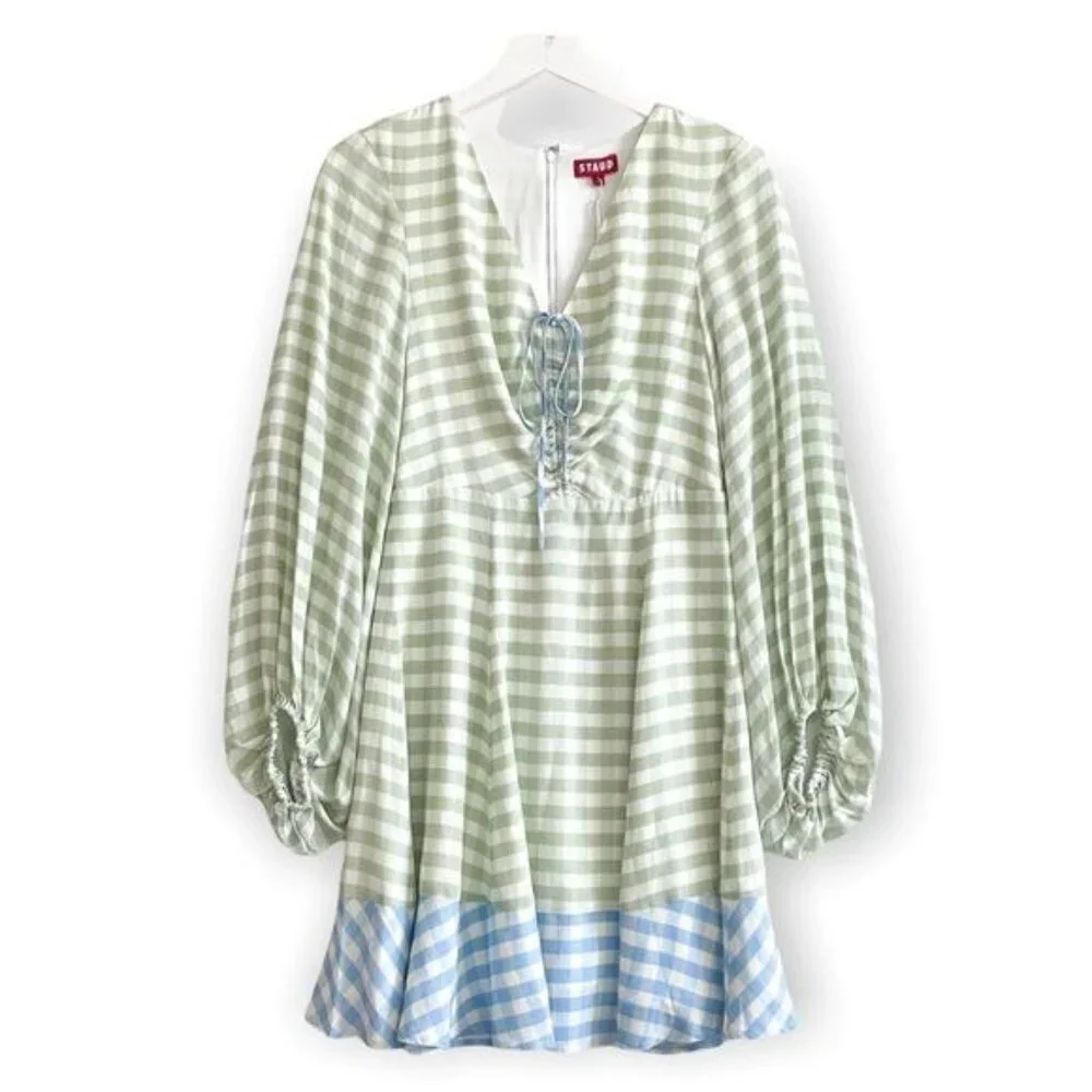 STAUD Olivier Gingham Mini Dress Green Blue Size 2 NWT